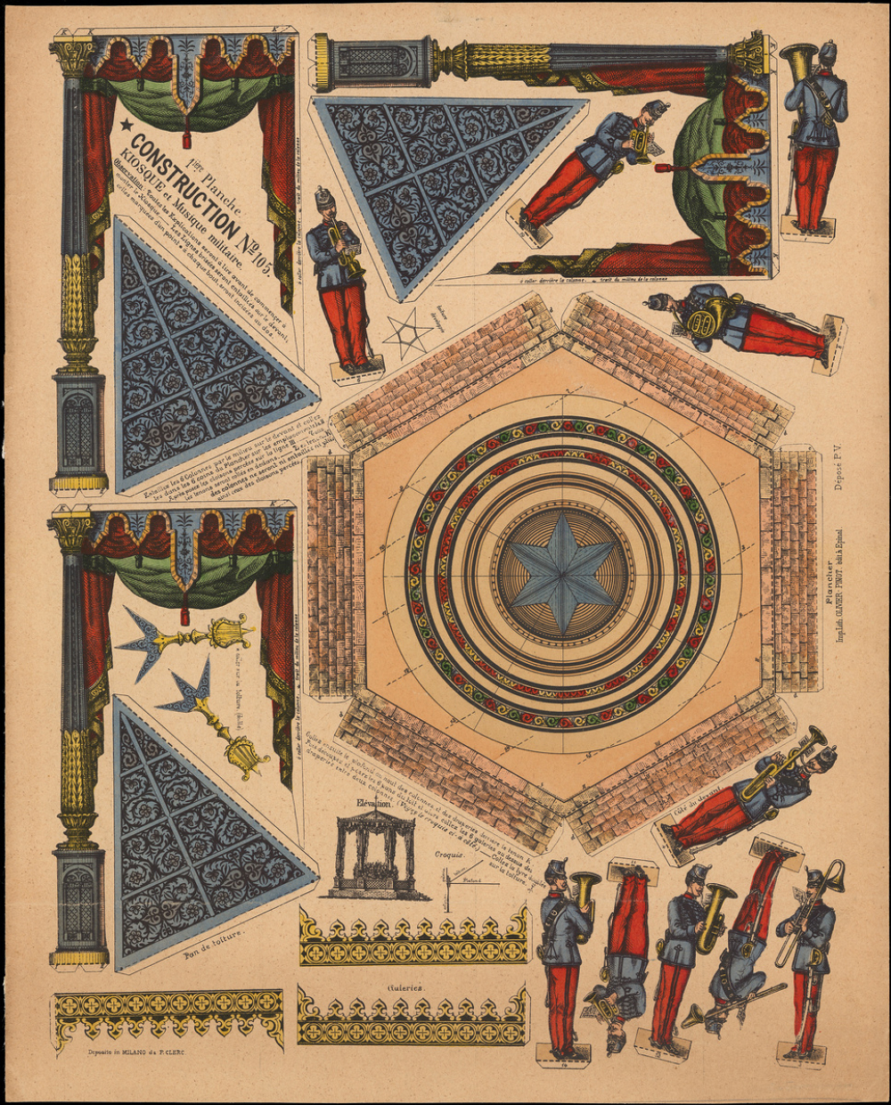 1ère planche : construction N° 105 : kiosque et musique militaire