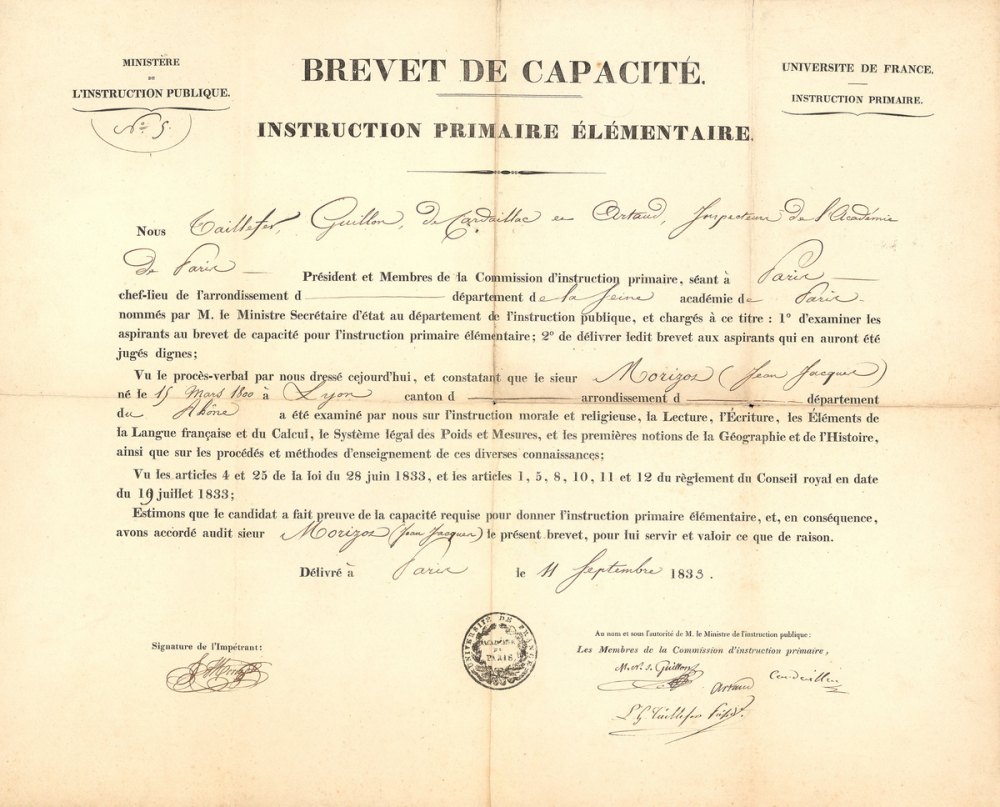 Brevet de Capacité. Ministère de l'Instruction Publique - Université de France - Instruction Primaire - Instruction Primaire Elémentaire. 