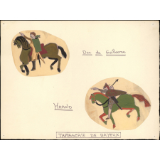 Fonds Médoux. Ensemble de cinq peintures sur le thème de la tapisserie de Bayeux.