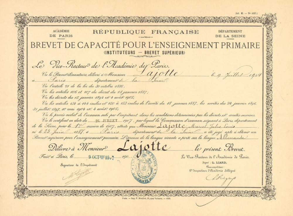 Brevet de capacité pour l'enseignement primaire (Instituteurs - Brevet supérieur).