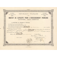 Brevet de capacité pour l'enseignement primaire (Instituteurs - Brevet élémentaire) délivré à Jean-Baptiste Amade. 