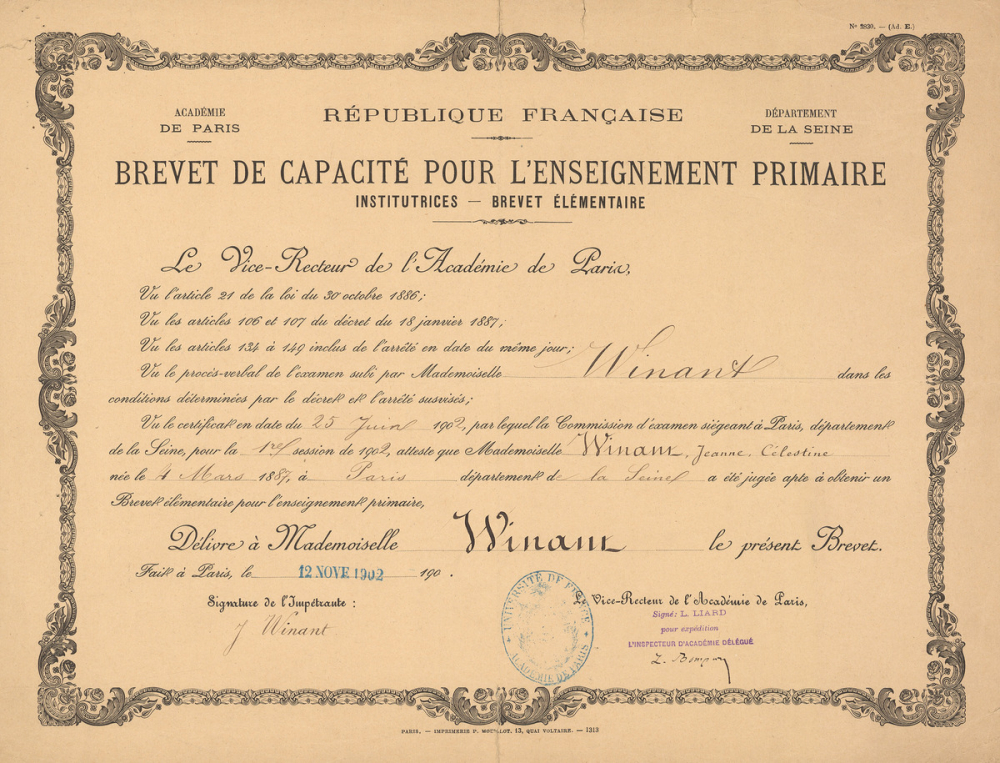 Brevet de capacité pour l'enseignement primaire - Institutrices - Brevet élémentaire.