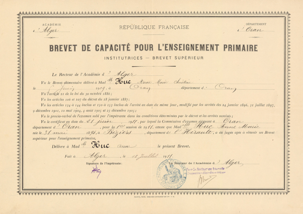 Brevet de capacité pour l'enseignement primaire (Institutrices - Brevet supérieur).