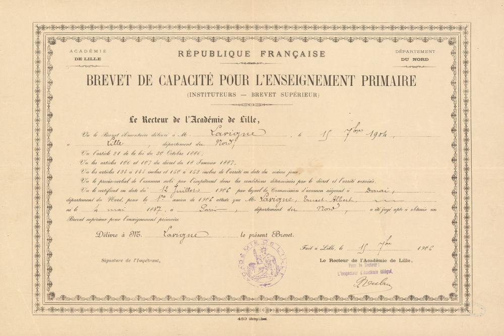 Brevet de capacité pour l'enseignement primaire (Instituteurs - Brevet supérieur).