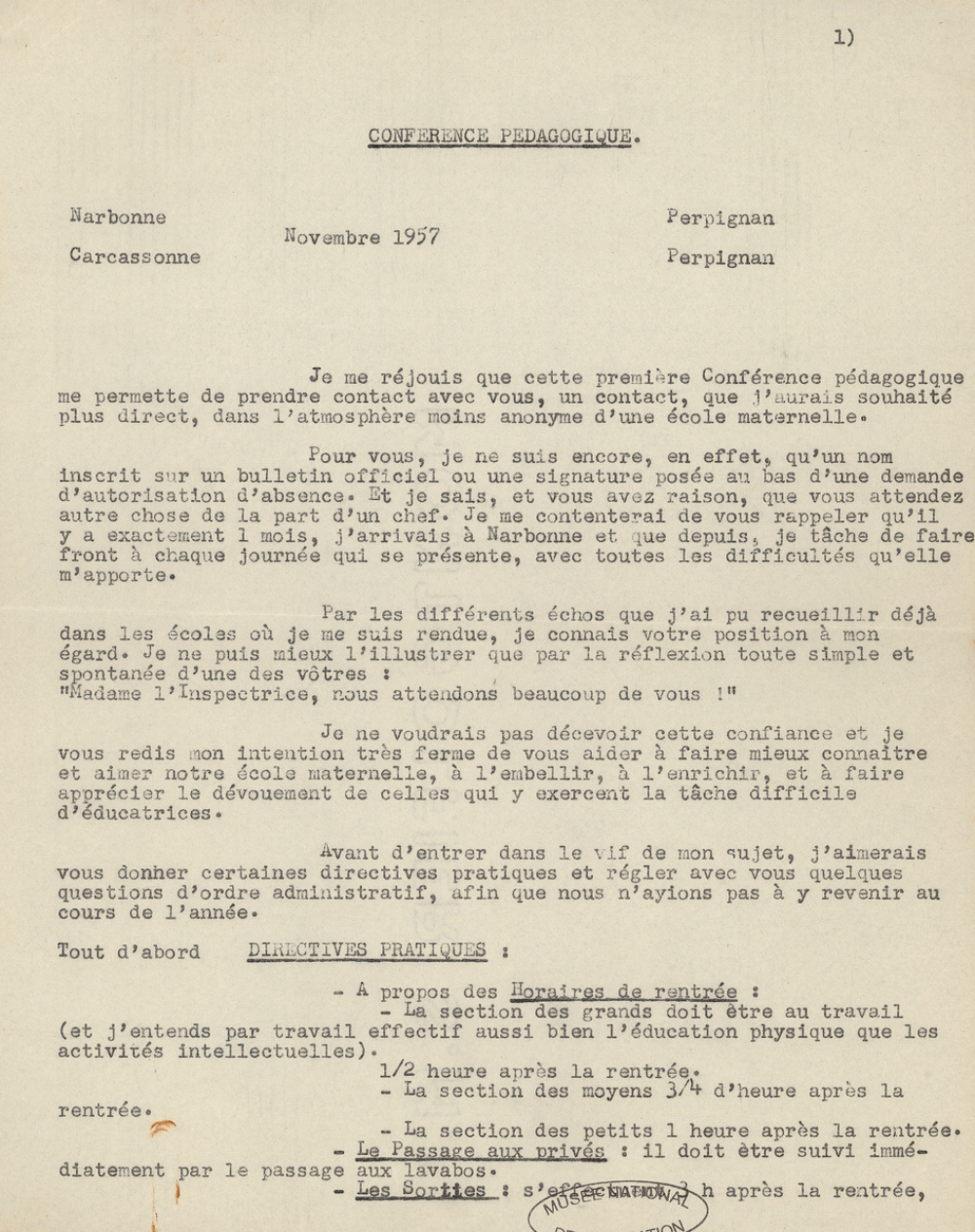 Conférence pédagogique. Novembre 1957.