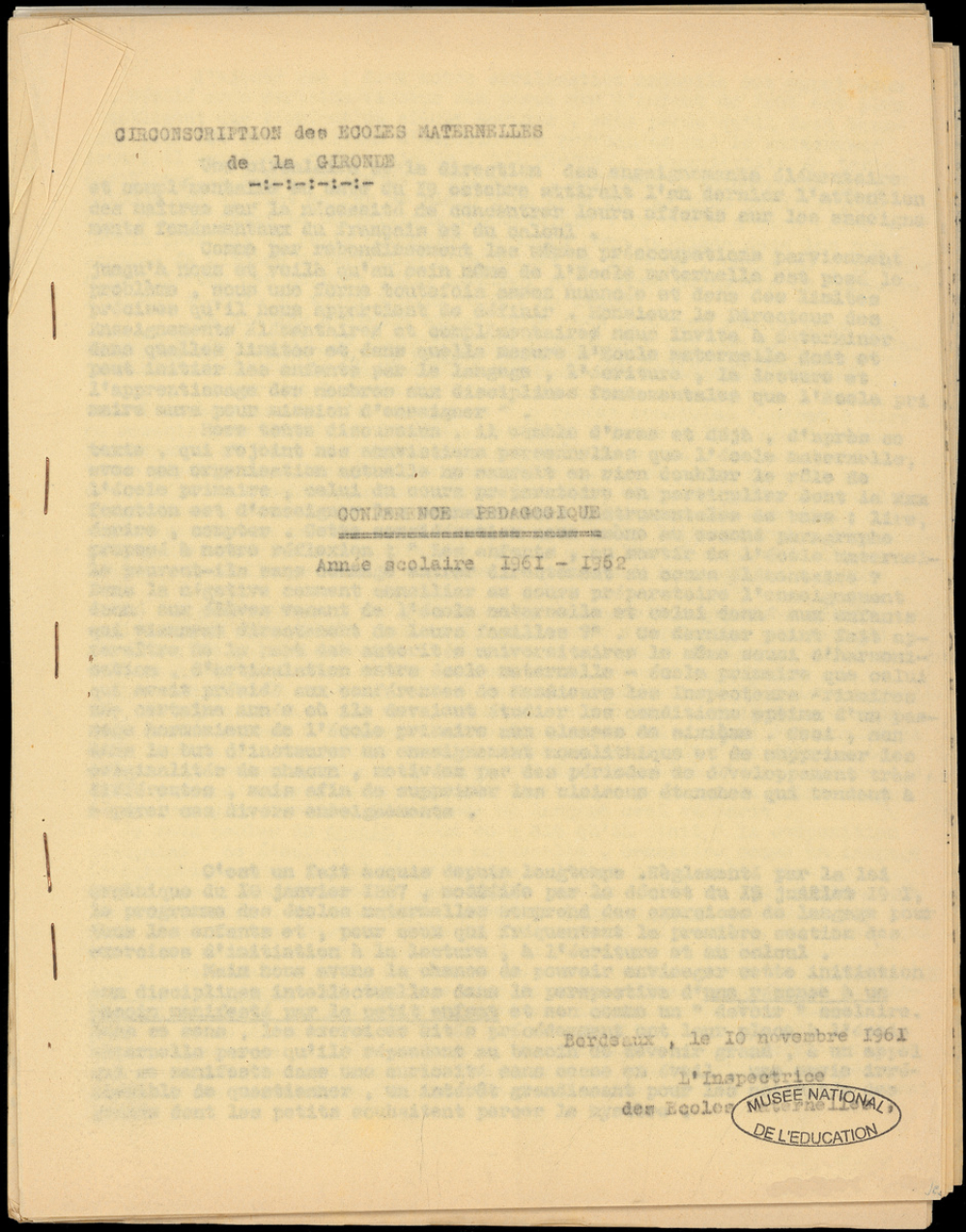 Conférence pédagogique. Année scolaire 1961-1962.
