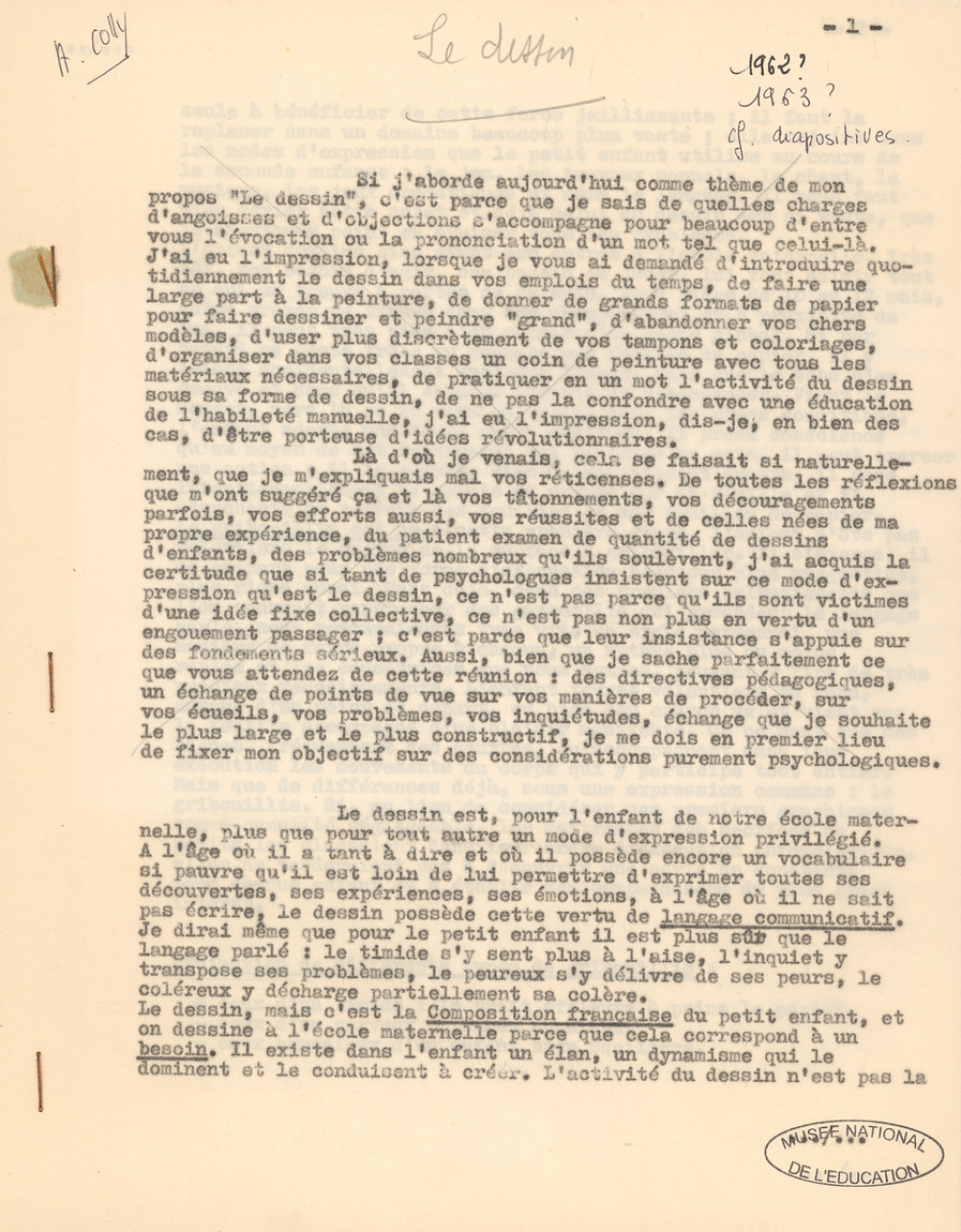Conférence pédagogique. Le dessin. Année scolaire 1962-1963.