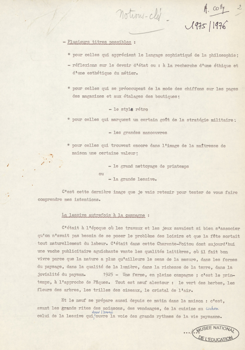 Conférence pédagogique 1975-1976. Notions clés.