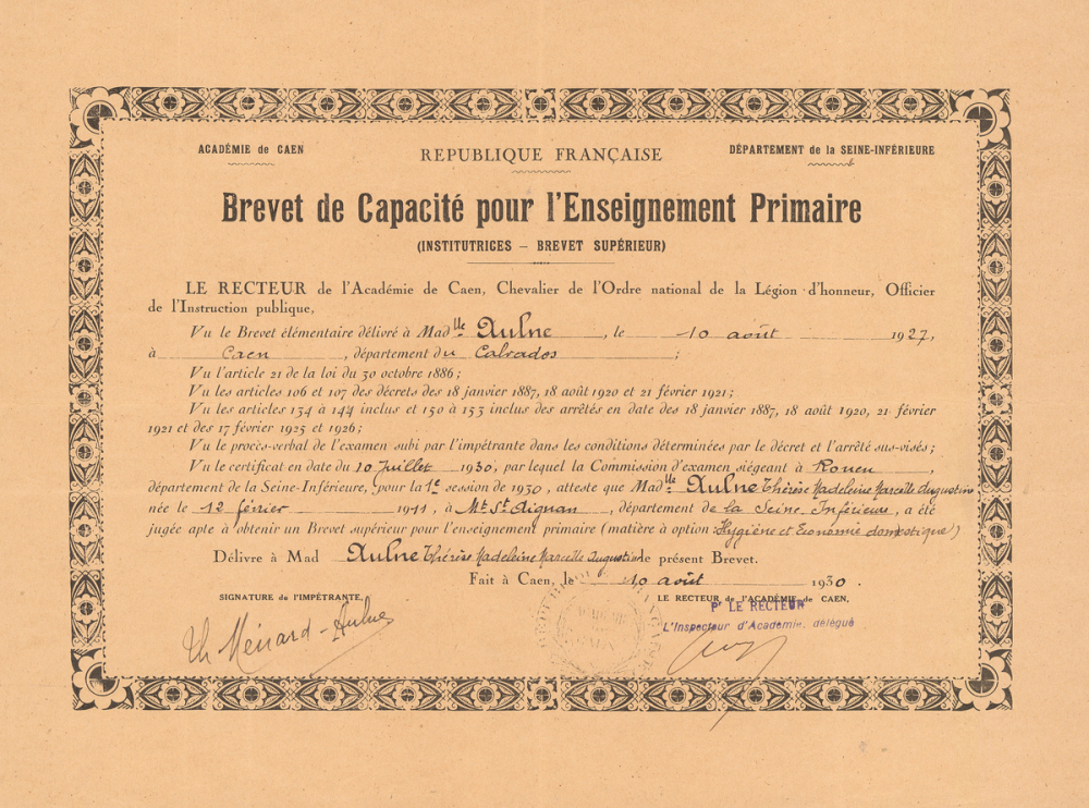 Brevet de capacité pour l'enseignement primaire (Institutrices - Brevet Supérieur).
