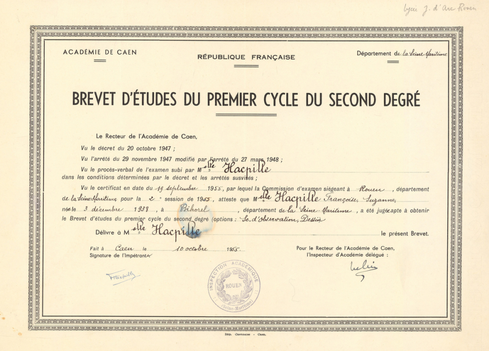 Brevet d'études du premier cycle du second degré. République française. Académie de Caen. Département de la Seine-Maritime