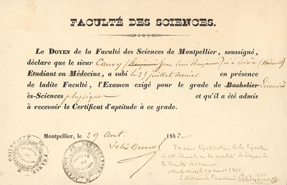 Attestation d'examen pour la licence ès sciences physique. 