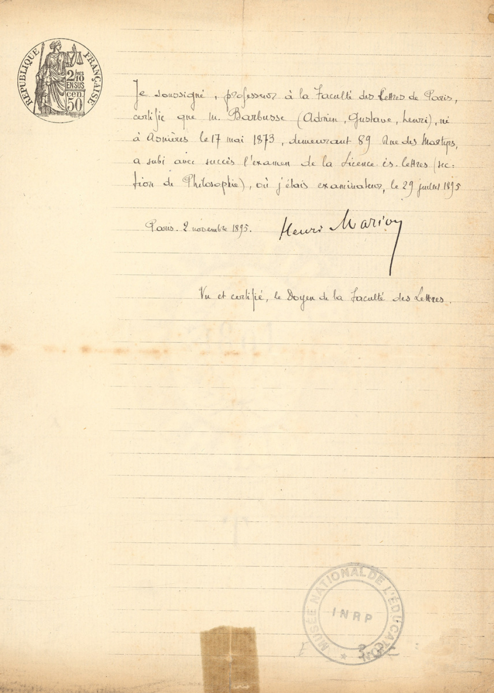 Attestation d'examen de licence de Lettres. 
