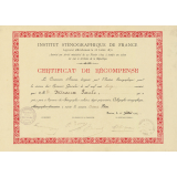 Certificat de Récompense de l'Institut Sténognaphique de France. 
