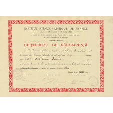 Certificat de Récompense de l'Institut Sténognaphique de France.
