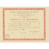 Certificat de Récompense de l'Institut Sténognaphique de France. 