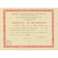 Certificat de Récompense de l'Institut Sténognaphique de France. 