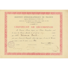 Certificat de Récompense de l'Institut Sténognaphique de France.