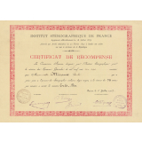 Certificat de Récompense de l'Institut Sténognaphique de France. 