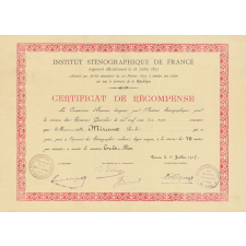 Certificat de Récompense de l'Institut Sténognaphique de France.