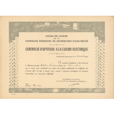 Cours de cuisine de la Compagnie parisienne de distribution d'électricité. Certificat d'aptitude à la cuisine électrique. 