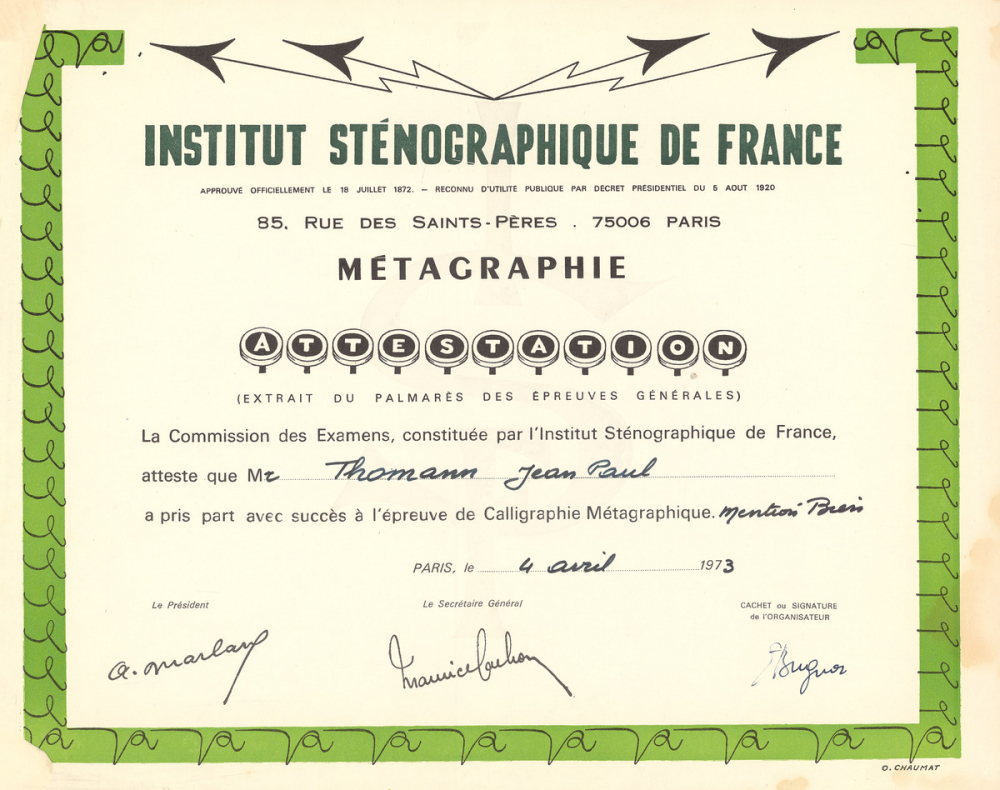 Diplôme de l'Institut sténographique de France. 
