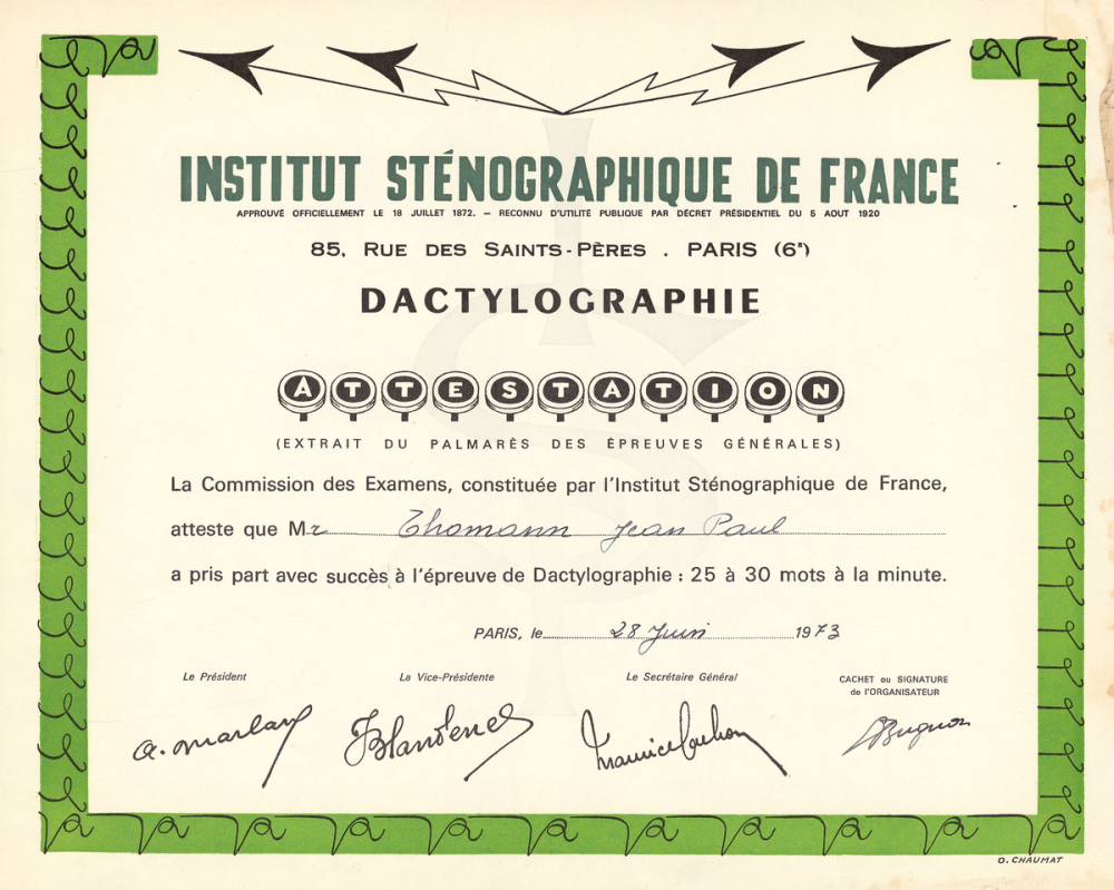 Diplôme de l'Institut sténographique de France. 