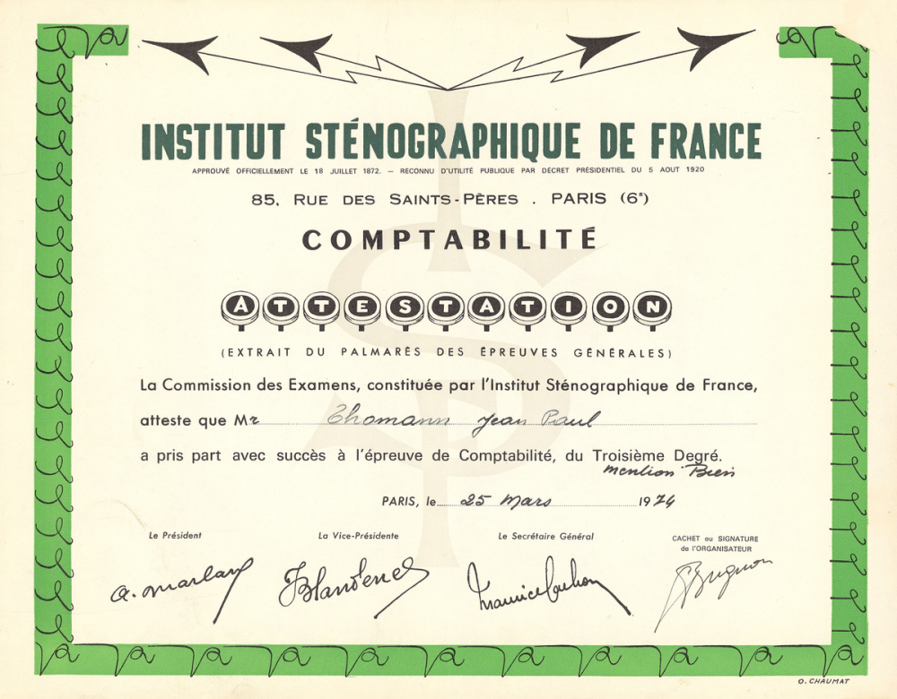 Diplôme de l'Institut sténographique de France. 