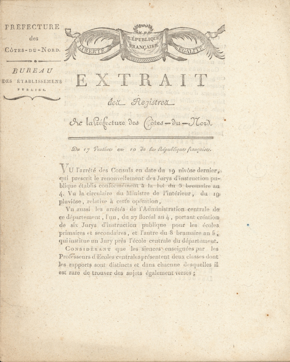 Extrait dea Registrea de la Préfecture des Côtes-du-Nord