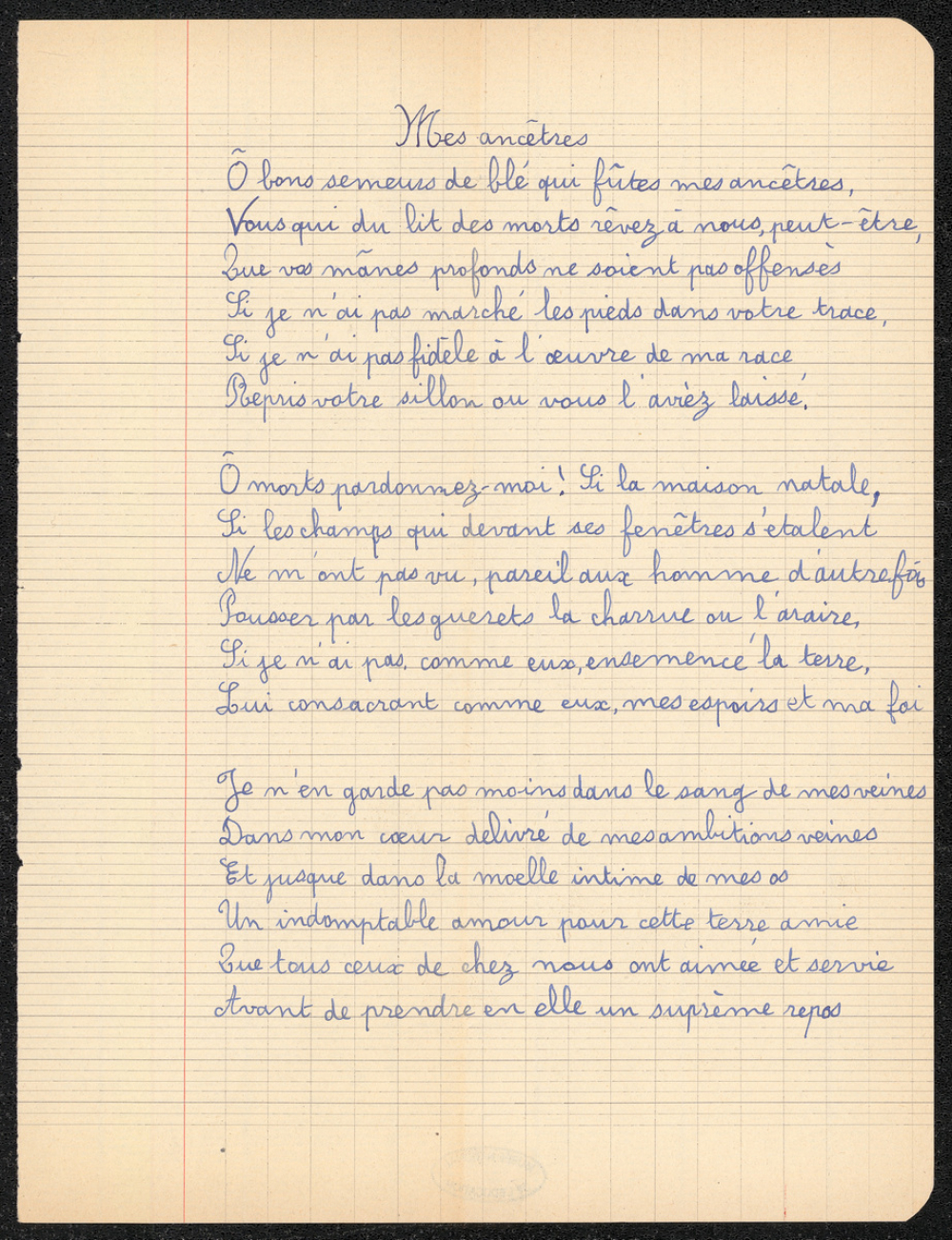 Punition : extrait d'une poésie à caractère patriotique