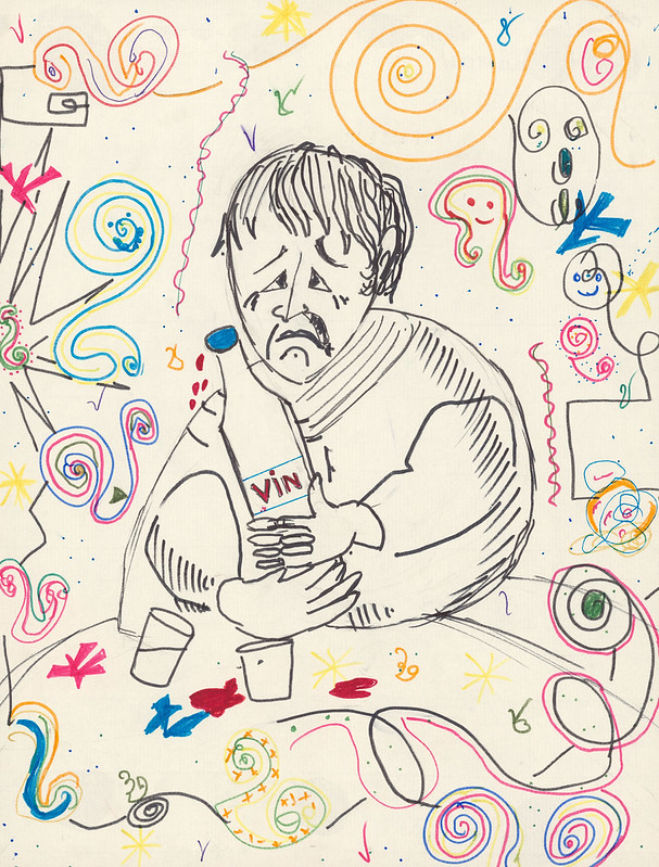 dessin au feutre montrant au centre un homme avec un air triste tenant dans ses mains une bouteille de vin. Autour de ce personnage, il y a des spirales de toutes les couleurs. 
