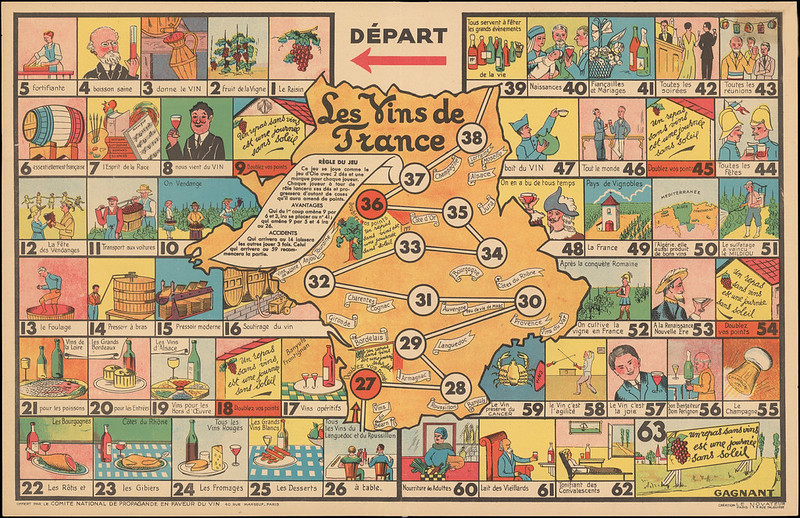 plateau de jeu avec des cases illustrant les vins de France et tous les bienfaits qu'ils apportent. 