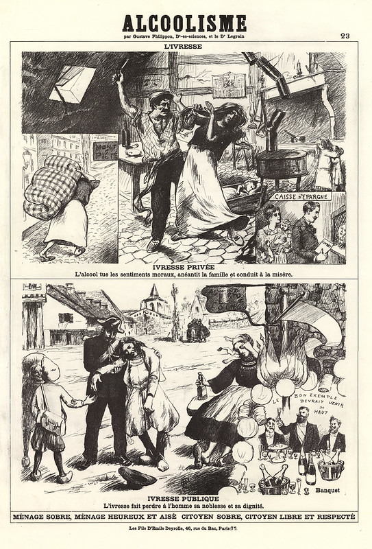 planche didactique illustrant les méfaits de l'ivresse privée et publique.