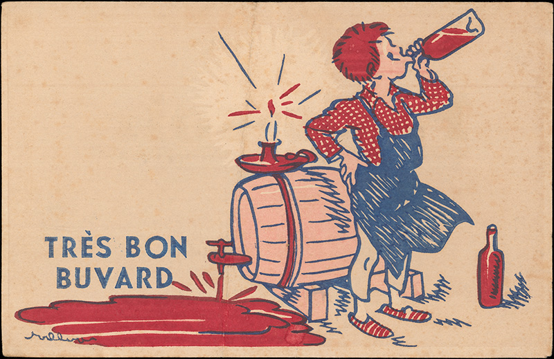 Dessin représentant un garçon vêtu d'une chemise rouge et d'un tablier bleu de profil adossé à un tonneau de vin. Il boit du vin au goulot de la bouteille. Du vin rouge coule du robinet du tonneau. Il est écrit "Très bon buvard".  